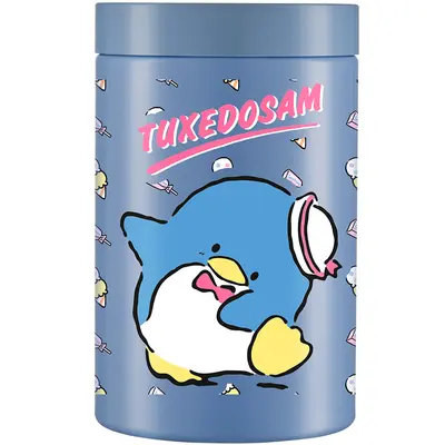 ORGANIZADOR DE PLASTICO REDONDO AZUL TUXEDOSAM TUXE SORVETE SANRIO COM TAMPA DE ROSCA 1500ML
