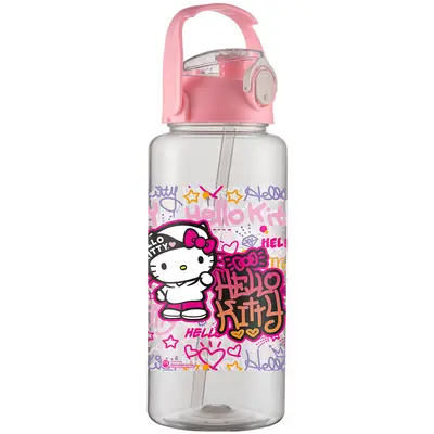 GARRAFA SQUEEZE DE PLASTICO PET TRANSPARENTE HELLO KITTY GRAFITE SANRIO COM CANUDO + BOTAO E ALCA 2000ML