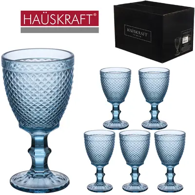 JOGO DE TACA DE VIDRO PARA AGUA / VINHO BICO DE JACA AZUL HAUSKRAFT PREMIUM COM 6 PECAS 320ML