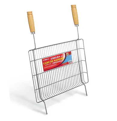GRELHA ARAMADO PARA CHURRASCO CROMADA CABO MADEIRA 69X51CM