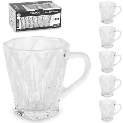 JOGO DE CANECA XICARA DE VIDRO PARA CAFE / CAPPUCCINO DIAMANTE COM 6 PECAS 180ML