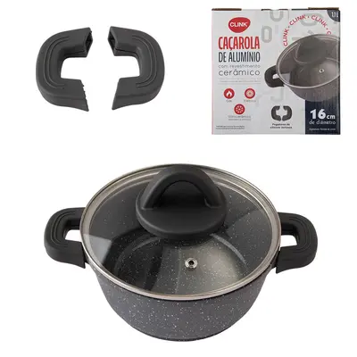 CACAROLA REVESTIDA CERAMICA COM ALCA E TAMPA DE VIDRO GRANITO 20CM DE Ø 2L