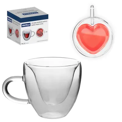 CANECA XICARA DE VIDRO BOROSSILICATO COM PAREDE DUPLA BISTRO CORACAO PARA CAFE / CAPPUCCINO BORO 140ML
