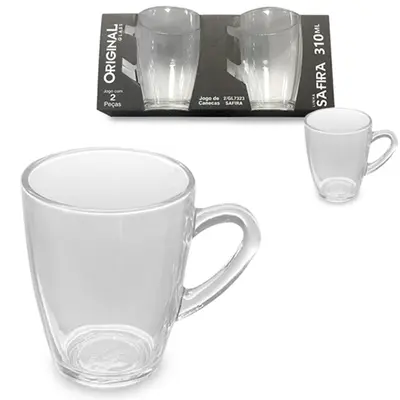 JOGO DE CANECA XICARA DE VIDRO PARA CAFE / CAPPUCCINO SAFIRA COM 2 PECAS 310ML