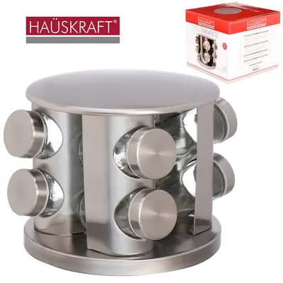 PORTA CONDIMENTO DE VIDRO/INOX COM 8 PECAS 100ML + SUPORTE GIRATORIO REDONDO HAUSKRAFT
