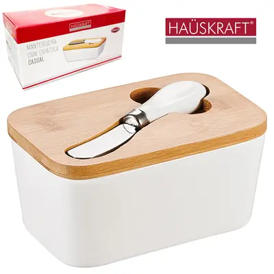 MANTEIGUEIRA DE PORCELANA COM ESPATULA + TAMPA DE BAMBU CASUAL HAUSKRAFT 400ML 15X8,5X7CM