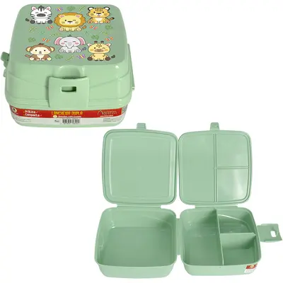LANCHEIRA DE PLASTICO VERDE BICHINHOS QUADRADO DUPLA COM 4 DIVISORIAS + TRAVA 15X14,5X9,5CM