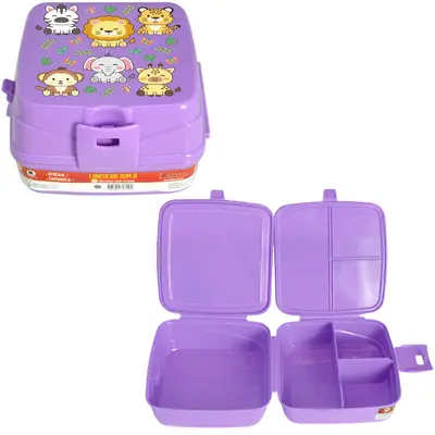 LANCHEIRA DE PLASTICO LILAS BICHINHOS QUADRADO DUPLA COM 4 DIVISORIAS + TRAVA 15X14,5X9,5CM