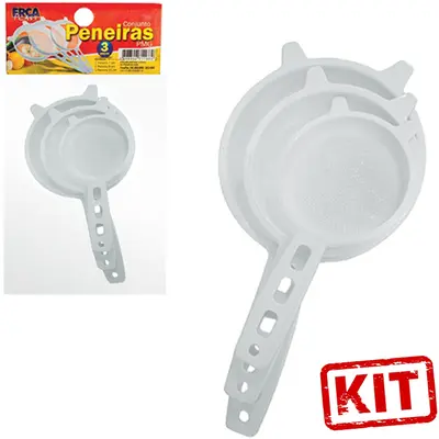 PENEIRA COADOR CABO PLASTICO COM 3 PECAS 11/9/7CM DE Ø