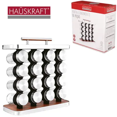 PORTA CONDIMENTO DE VIDRO COM 16 PECAS 100ML + SUPORTE DE INOX / MADEIRA MDF RETANGULAR HAUSKRAFT