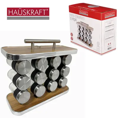 PORTA CONDIMENTO DE VIDRO COM 12 PECAS 100ML + SUPORTE DE INOX / MADEIRA MDF RETANGULAR HAUSKRAFT