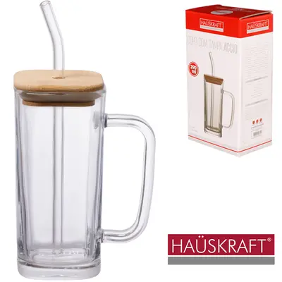 CANECA DE VIDRO QUADRADA COM CANUDO + TAMPA HERMETICA DE MADEIRA / BAMBU ACCIO HAUSKRAFT 290ML