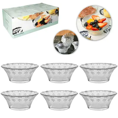 JOGO DE TIGELA DE VIDRO REDONDA PARA SOBREMESA BOWL FLOWERS COM 6 PECAS 250ML