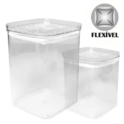 CONJUNTO DE POTE DE PLASTICO PET FLEXIVEL QUADRADO EMPILHAVEL COM TAMPA HERMETICA 2 PECAS 950 / 460ML