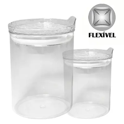 CONJUNTO DE POTE DE PLASTICO PET FLEXIVEL REDONDO EMPILHAVEL COM TAMPA HERMETICA 2 PECAS 900 / 440ML