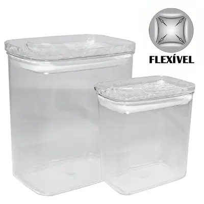 CONJUNTO DE POTE DE PLASTICO PET FLEXIVEL RETANGULAR EMPILHAVEL COM TAMPA HERMETICA 2 PECAS 950 / 460ML