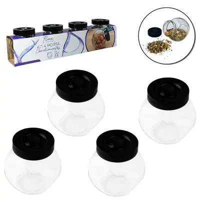 PORTA CONDIMENTO DE VIDRO BALEIRO COM TAMPA DE PLASTICO PRETA COM 4 PECAS 180ML