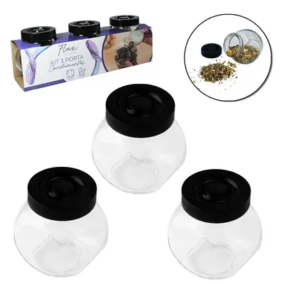 PORTA CONDIMENTO DE VIDRO BALEIRO COM TAMPA DE PLASTICO PRETA COM 3 PECAS 180ML