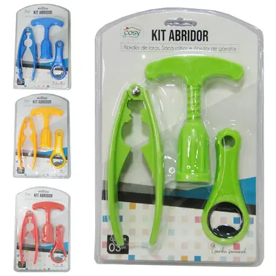 ABRIDOR DE GARRAFA DE INOX / LATA / SACA ROLHA COLORS 3 PECAS