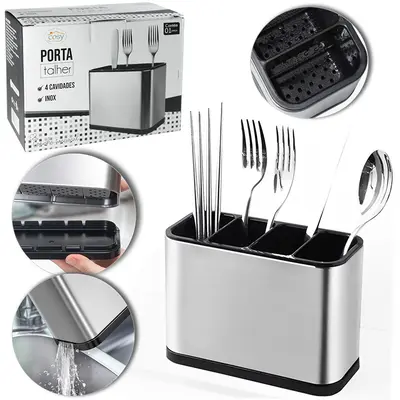 PORTA TALHER / ESCORREDOR DE TALHER DE INOX RETANGULAR COM 4 CAVIDADES 17,5X13X8,5CM