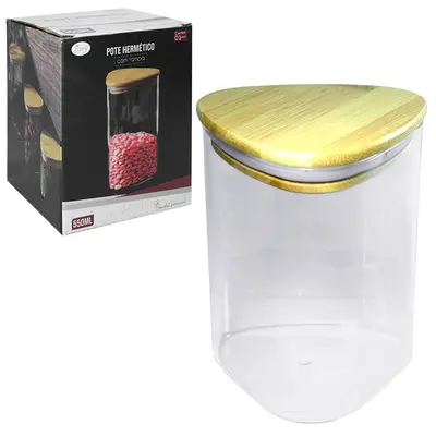 POTE DE VIDRO BOROSSILICATO LISO TRIANGULAR COM TAMPA HERMETICA DE BAMBU 550ML
