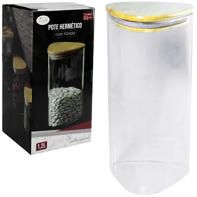POTE DE VIDRO BOROSSILICATO LISO TRIANGULAR COM TAMPA HERMETICA DE BAMBU 1200ML