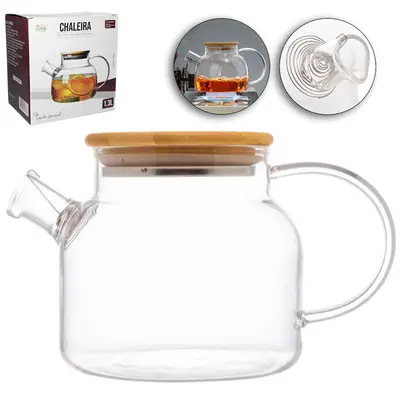 CHALEIRA VIDRO BOROSSILICATO COM COADOR INOX NO BICO + TAMPA MADEIRA / BAMBU 1,3L