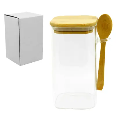 POTE DE VIDRO BOROSSILICATO LISO QUADRADO COM ALCA + COLHER E TAMPA HERMETICA MADEIRA / BAMBU 650ML