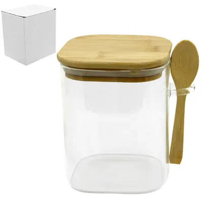 POTE DE VIDRO BOROSSILICATO LISO QUADRADO COM ALCA + COLHER E TAMPA HERMETICA MADEIRA / BAMBU 750ML