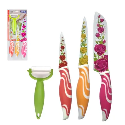 CONJUNTO DE FACA DE INOX DE COZINHA DECORADA + CORTADOR / DESCASCADOR CABO PLASTICO 4 PECAS