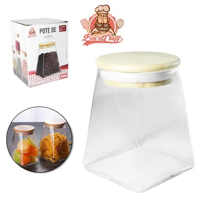 POTE DE VIDRO BOROSSILICATO LISO CONICO COM TAMPA HERMETICA DE MADEIRA / BAMBU 350ML BONS CHEFF
