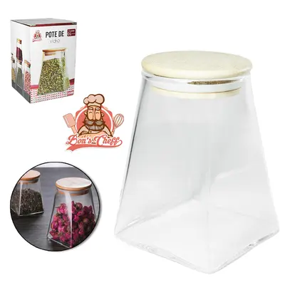 POTE DE VIDRO BOROSSILICATO LISO CONICO COM TAMPA HERMETICA DE MADEIRA / BAMBU 550ML BONS CHEFF