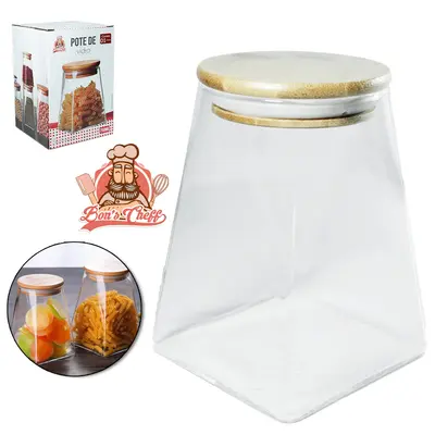 POTE DE VIDRO BOROSSILICATO LISO CONICO COM TAMPA HERMETICA DE MADEIRA / BAMBU 750ML BONS CHEFF