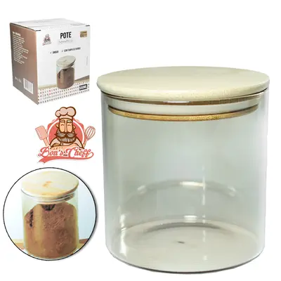 POTE DE VIDRO BOROSSILICATO AMBAR LISO REDONDO COM TAMPA HERMETICA DE MADEIRA / BAMBU 550ML BONS CHEFF