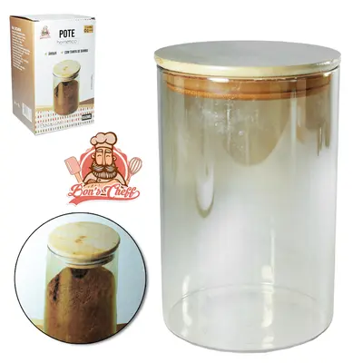 POTE DE VIDRO BOROSSILICATO AMBAR LISO REDONDO COM TAMPA HERMETICA DE MADEIRA / BAMBU 950ML BONS CHEFF