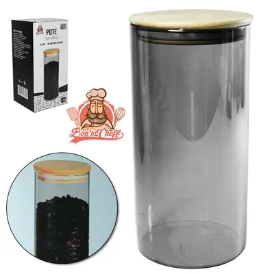 POTE DE VIDRO BOROSSILICATO FUME LISO REDONDO COM TAMPA HERMETICA DE MADEIRA / BAMBU 1,3L BONS CHEFF