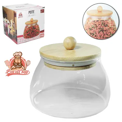 POTE DE VIDRO BOROSSILICATO LISO BOJUDO COM TAMPA HERMETICA DE MADEIRA / BAMBU COM POMEL 400ML BONS CHEFF