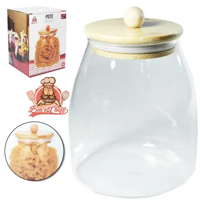 POTE DE VIDRO BOROSSILICATO LISO BOJUDO COM TAMPA HERMETICA DE MADEIRA / BAMBU COM POMEL 1L BONS CHEFF