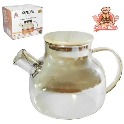 CHALEIRA DE VIDRO BOROSSILICATO AMBAR COM COADOR DE INOX NO BICO + TAMPA DE MADEIRA / BAMBU 1L BONS CHEFF