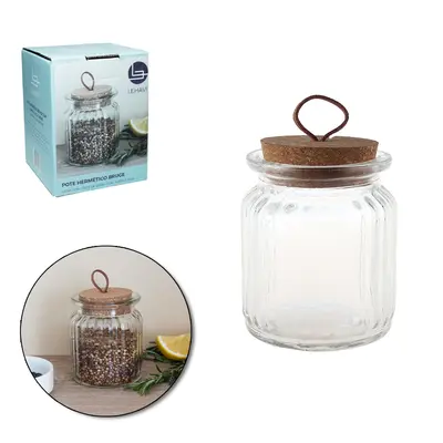 POTE PORTA CONDIMENTO DE VIDRO REDONDO COM TAMPA CORTICA E ALCA 260ML