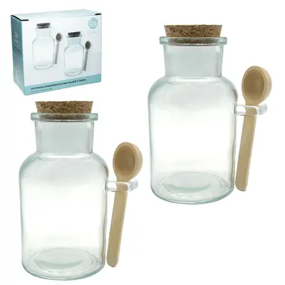 ACUCAREIRO / PORTA CONDIMENTO DE VIDRO COM ALCA 2 PECAS 100ML + COLHER DE BAMBU E TAMPA CORTICA