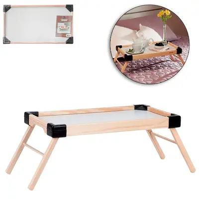 MESA BANDEJA DE MADEIRA PINUS RETANGULAR STRONG COM PES RETRATEIS QUINA PRETA 47X27X20CM