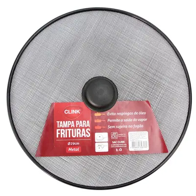 TAMPA / TELA DE METAL PARA FRITURA COM PEGADOR DE PLASTICO PRETO 29CM DE Ø