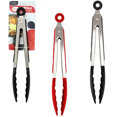 PEGADOR MULTIUSO DE SILICONE CABO INOX + MOLA E TRAVA 27CM NA CARTELA