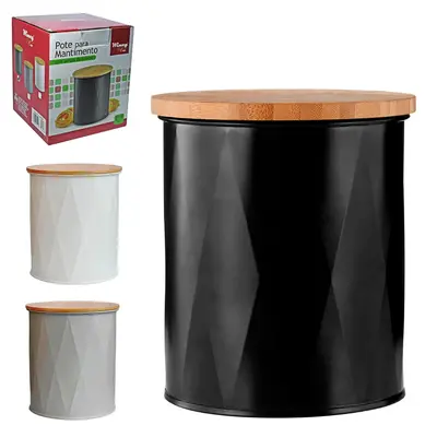 POTE DE LATA REDONDO PARA MANTIMENTOS COM TAMPA DE BAMBU 1100ML