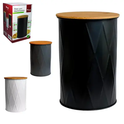 POTE DE LATA REDONDO PARA MANTIMENTOS COM TAMPA DE BAMBU 1700ML