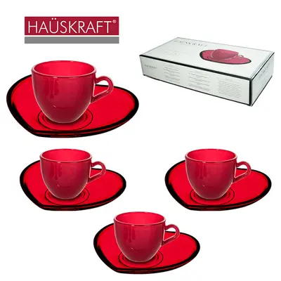 JOGO XICARA VIDRO VERMELHO COM PIRES CORACAO PARA CAFE LINHA COFFEE AND TEA HEART HAUSKRAFT PREMIUM 8 PECAS