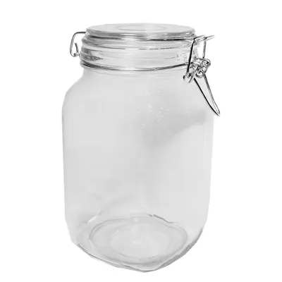 POTE DE VIDRO QUADRADO COM TAMPA HERMETICA DE VIDRO E FECHO 1500ML