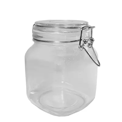 POTE DE VIDRO QUADRADO COM TAMPA HERMETICA DE VIDRO E FECHO 1100ML