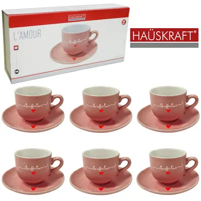 JOGO DE XICARA DE PORCELANA COM PIRES PARA CAFE ITS COFFEE TIME L'AMOUR ROSA HAUSKRAFT 12 PECAS 90ML
